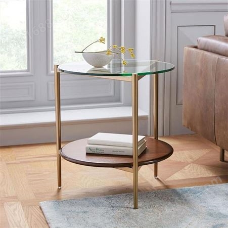 鼎富DF377北欧轻奢小户型客厅创意圆形玻璃茶几金色不锈钢沙发边几