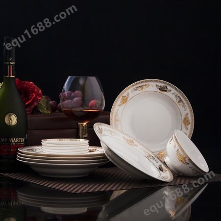 骨瓷碗碟套装 景德镇碗盘家用欧式金边 58件陶瓷餐具 盛宴