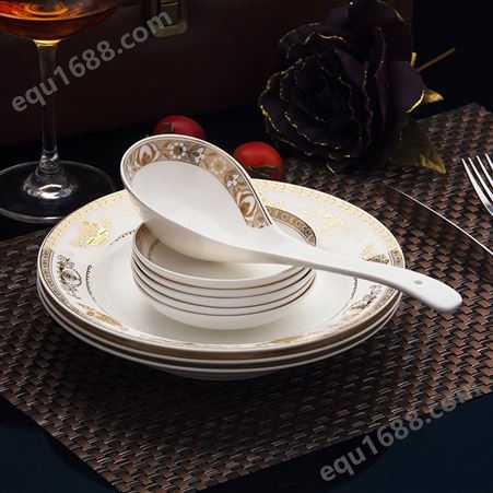 骨瓷碗碟套装 景德镇碗盘家用欧式金边 58件陶瓷餐具 盛宴