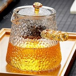 加厚耐热茶壶  侧把透明玻璃烧水壶  手工锤纹蒸汽煮茶器   家用黑茶壶