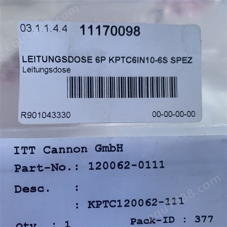 ITT CANNON 6P-KPTC6IN10-6S-SPEZ6孔（针）连接插头