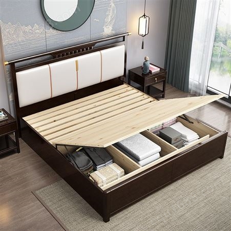 实木床 1.8米双人主卧婚床 轻奢1.5米单人床头柜 储物高箱新中式床木质卧室家具