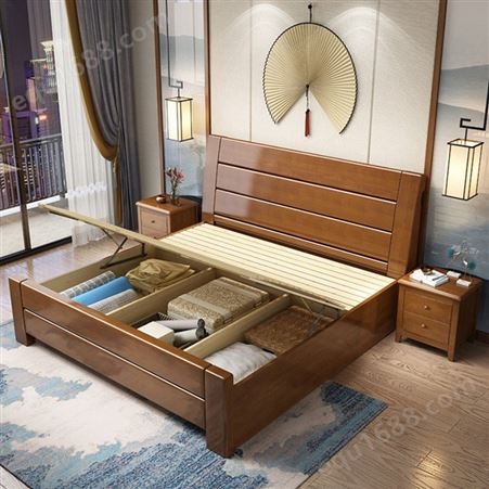 新中式实木大床1.5米1.8米设计 现代简约单双人橡胶木床家具厂家批发